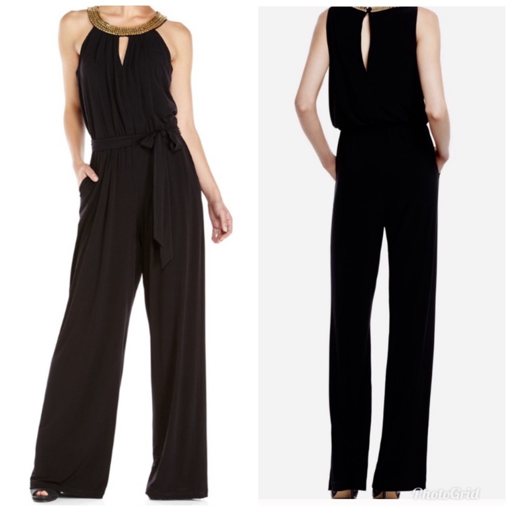 Vince Camuto halter jumpsuit gold embellished neck